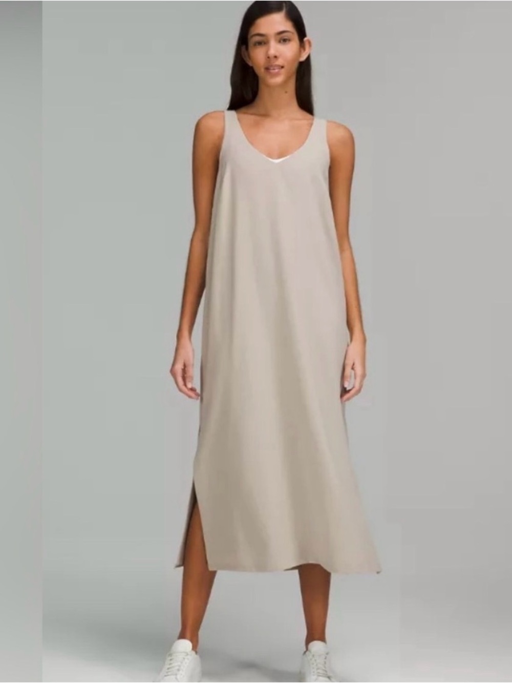 Lululemon V-Neck Midi Dress Raw Linen Size 8 Beige Side Pockets